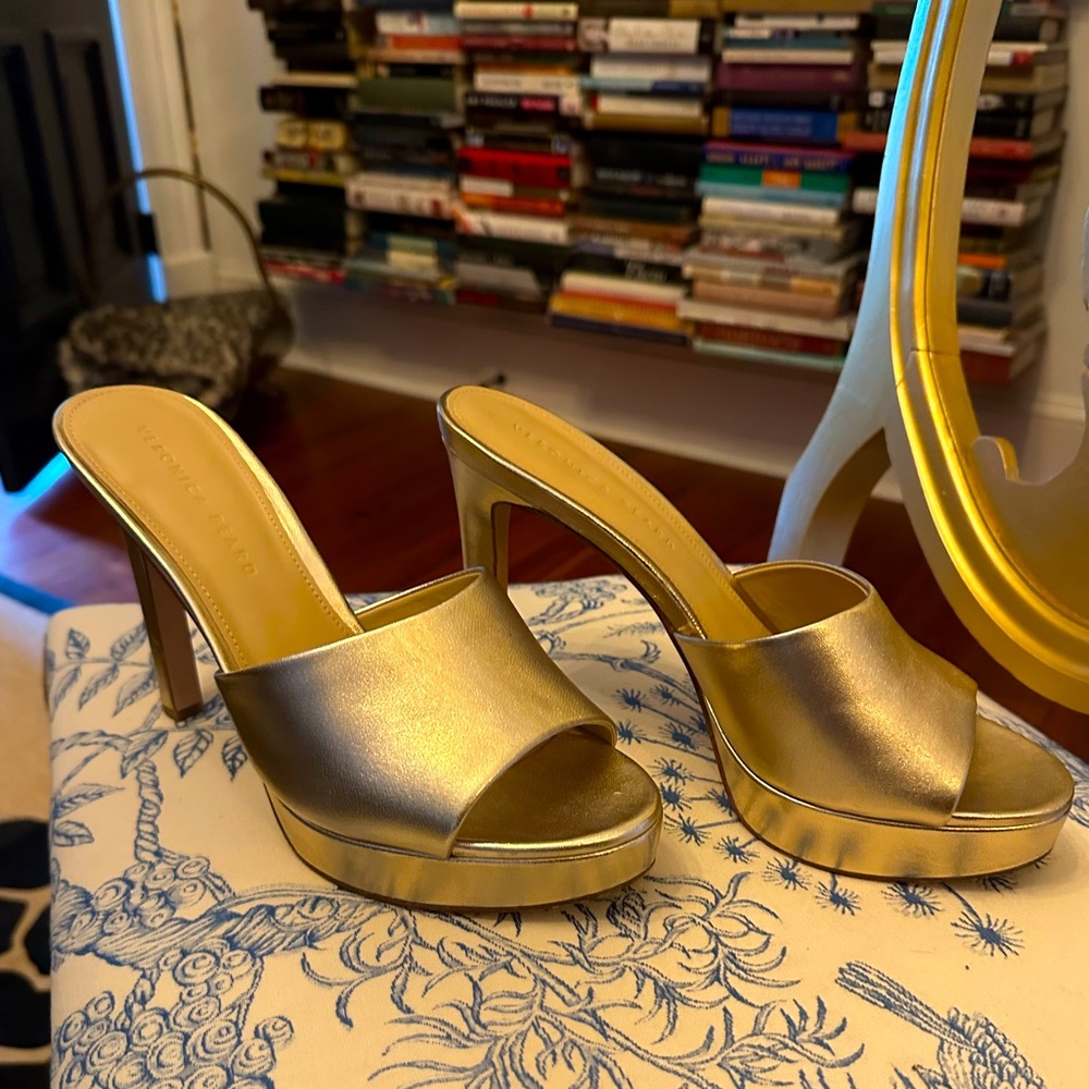 Veronica Beard gold mules, size 9 worn 2x!